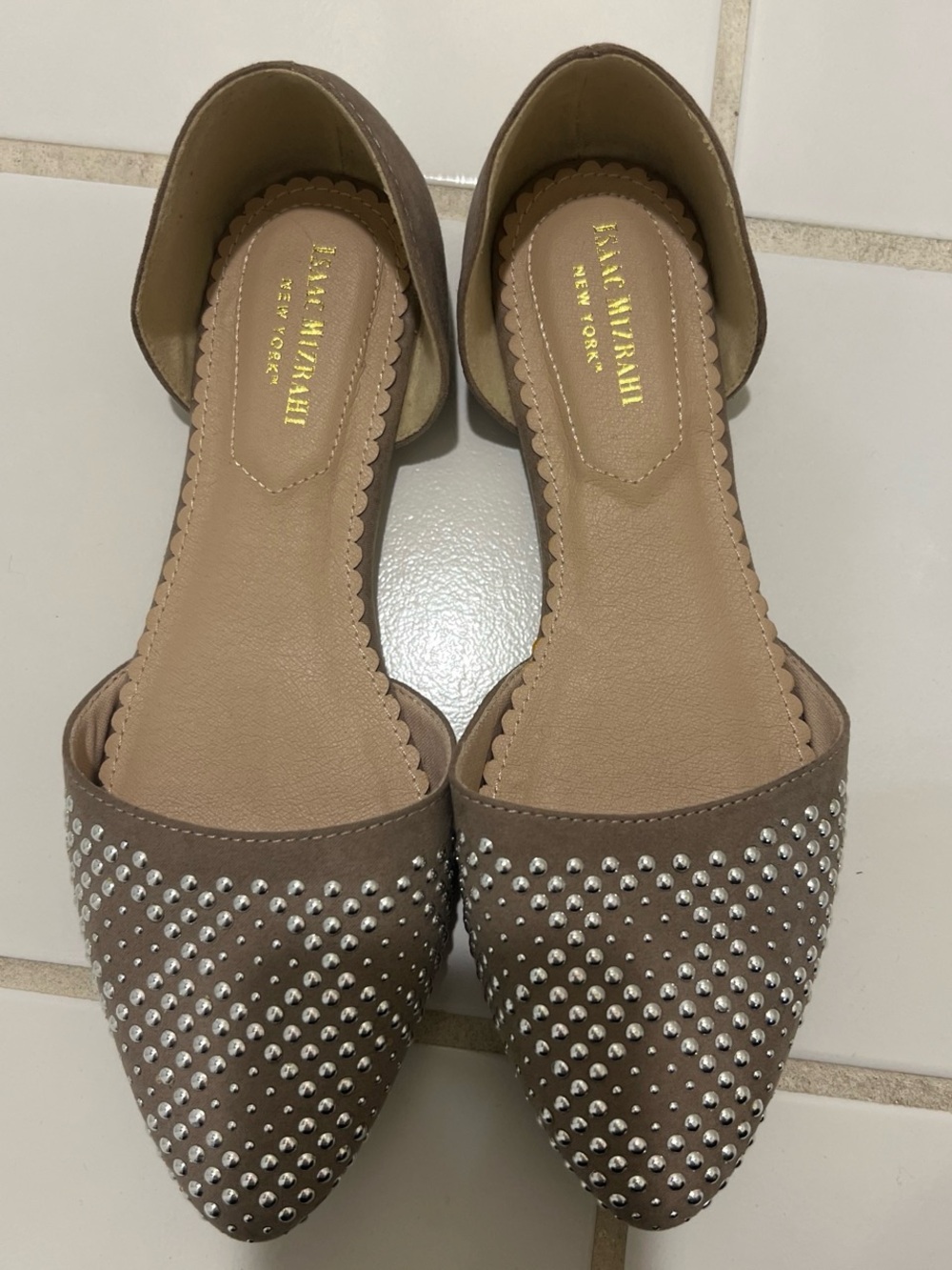 Isaac Mizrahi Taupe Studded Pointed-Toe D'Orsay Flats
